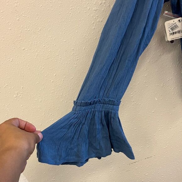 Free people Kelsey Peasant Blouse Blue Metal Bell sleeves Cottagecore Fairycore - Picture 6 of 12